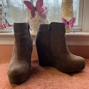 Faux suede taupe platform wedge bootie
